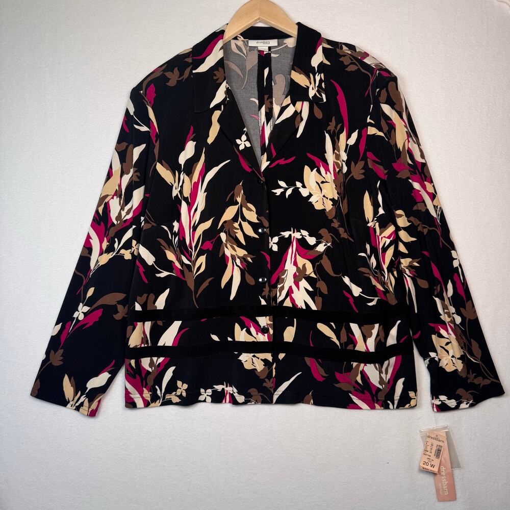 Dressbarn Shirt Blouse 20W Woman Plus Black Floral Button Slit Back Stretch Knit